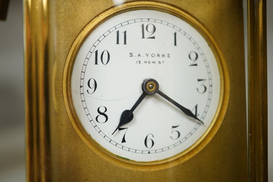 Two brass cased carriage timepieces, tallest 11cm. Condition - fair to good.